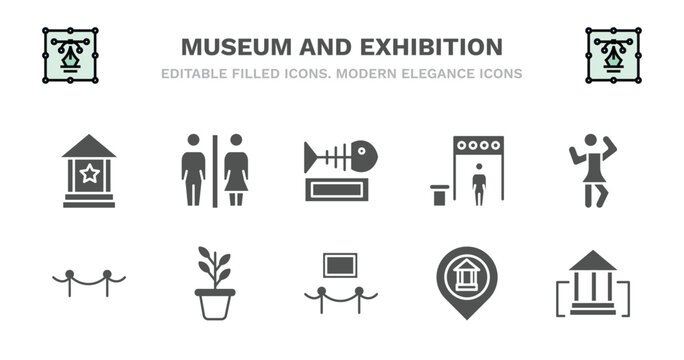 set of museum and exhibition filled icons. museum and exhibition glyph icons such as restroom, fishbone, metal detector, ballet, museum fencing, fencing, botanical, exhibit, map, buffalo vector.