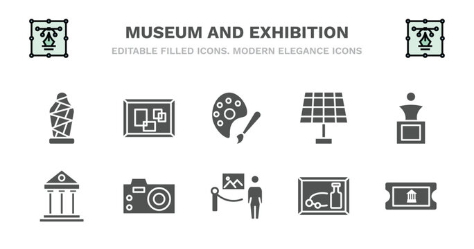 set of museum and exhibition filled icons. museum and exhibition glyph icons such as pop art, palette, panel, sculpture, museum building, building, photographic, excursion, still life, ticket