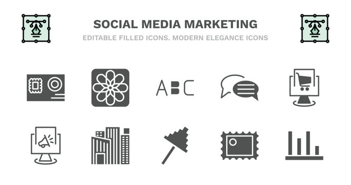 set of social media marketing filled icons. social media marketing glyph icons such as photos, letters, message, ecommerce, digital marketing, digital flats, pixelated, post stamp, stadistics