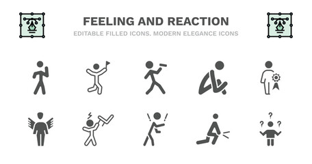 set of feeling and reaction filled icons. feeling and reaction glyph icons such as accomplished human, drained human, sad human, special fantastic fantastic pissed rough sore confused vector.
