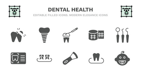 set of dental health filled icons. dental health glyph icons such as implant, tooth filling, gauze, dentist tools, dental monitor, monitor, plaque, scraping, occlusal, baby vector.
