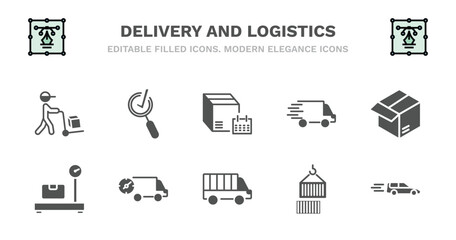 set of delivery and logistics filled icons. delivery and logistics glyph icons such as inspection, delivery schedule, parcel, weighing, weighing, fast cargo bus, containers, by car vector.