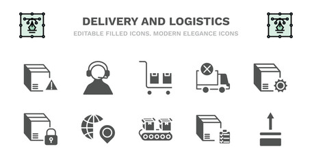 set of delivery and logistics filled icons. delivery and logistics glyph icons such as support, package on trolley, delivery cancelled, tings, safety, safety, distribution, conveyor, list, side up