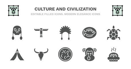 set of culture and civilization filled icons. culture and civilization glyph icons such as native american totem, indian headdress, cantonese fish, surfing a sea turtle, native american wigwam, © Abstract