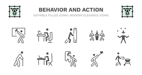 set of behavior and action filled icons. behavior and action glyph icons such as man eating, man pushing, three men conference, circus man, old walking, old walking, working at desk, painting wall,