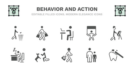set of behavior and action filled icons. behavior and action glyph icons such as shopper man, man typing, man with banner, engineer working, snoozing, snoozing, and dog, going to work, child with