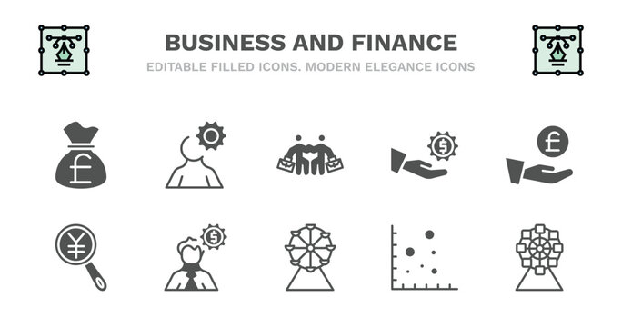 set of business and finance filled icons. business and finance glyph icons such as man with solutions, work parteners, hand with money gear, pound coin on hands, yen business search, yen search, man