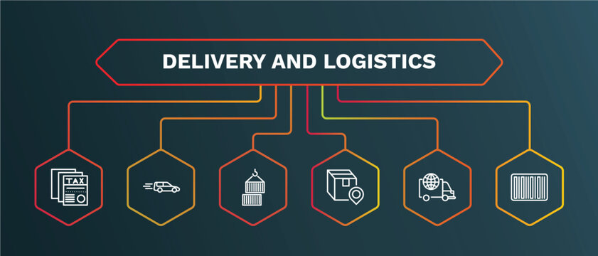 set of delivery and logistics white thin line icons. delivery and logistics outline icons with infographic template. linear icons such as delivery by car, containers, destination, logistic, bar code