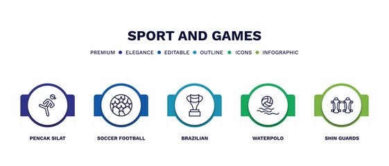 set of sport and games thin line icons. sport and games outline icons with infographic template. linear icons such as pencak silat, soccer football ball, brazilian, waterpolo, shin guards vector.