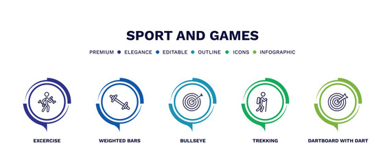 set of sport and games thin line icons. sport and games outline icons with infographic template. linear icons such as excercise, weighted bars, bullseye, trekking, dartboard with dart vector.