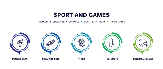 set of sport and games thin line icons. sport and games outline icons with infographic template. linear icons such as pencak silat, champion belt, third, ski boots, baseball helmet vector.