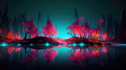 Fototapeta na wymiar 3D neon world, spring, a beautiful neon world with lots of colorful flowers and mountains, magical neon world children playing, neon spring flowers and forest