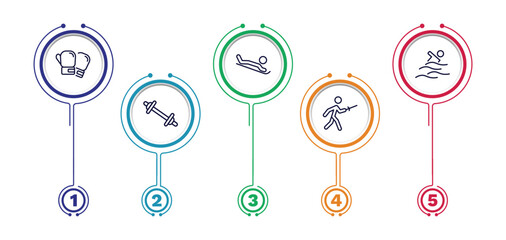 set of sport and games thin line icons. sport and games outline icons with infographic template. linear icons such as boxing glove, snow slide zone, swimming figure, weighted bars, medieval fencing