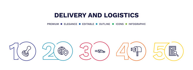 set of delivery and logistics thin line icons. delivery and logistics outline icons with infographic template. linear icons such as stamp, distribution, delivery by car, postbox, waybill vector.