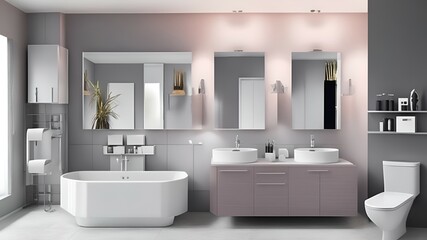 Naklejka na ściany i meble Photo of modern bathroom with double sinks, bathtub and toilet