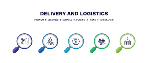 set of delivery and logistics thin line icons. delivery and logistics outline icons with infographic template. linear icons such as delivery door, by bike, fragile, ocean transportation, container