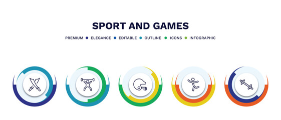 set of sport and games thin line icons. sport and games outline icons with infographic template. linear icons such as saber, weight lifting, baseball helmet, dancer motion, weighted bars vector.