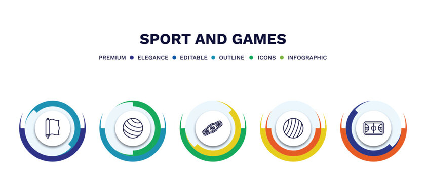 set of sport and games thin line icons. sport and games outline icons with infographic template. linear icons such as foil, gym ball, champion belt, exercise ball, basketball court vector.