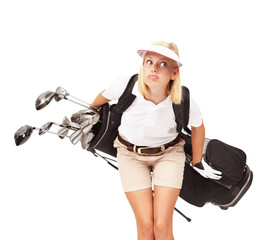 Sports, exercise and comic woman with a golf bag isolated on a transparent, png background....