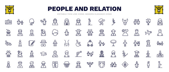 set of people and relation thin line icons. people and relation outline icons such as identification ard, throat, female doctor, psychology, serve, kidnapping, spanish man, bohemian, qiyam vector.