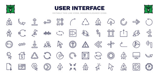 Fototapeta na wymiar set of user interface thin line icons. user interface outline icons such as c/pap 81, upload button, curve arrow, arrow pointing right, up side, curvy road warning, video play, press play button,