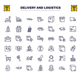 set of delivery and logistics thin line icons. delivery and logistics outline icons such as delivery weighing, by car, package, shipping, x ray, monitor, tag, support, info vector.