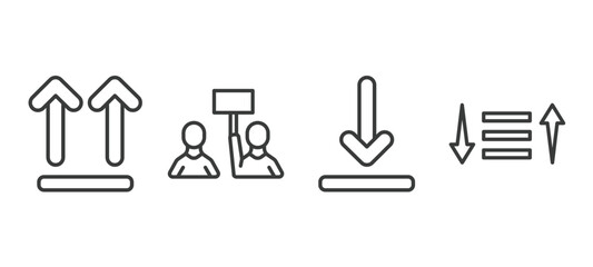 set of user interface thin line icons. user interface outline icons included up side, industrial action, download arrow, sorting vector.