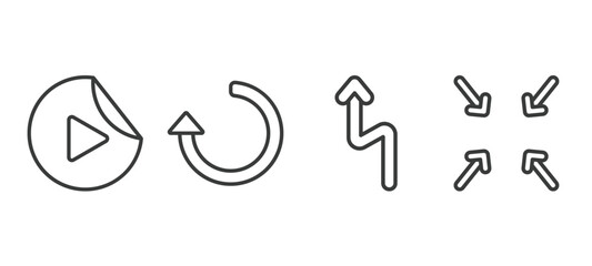set of user interface thin line icons. user interface outline icons included video play, refresh left arrow, left reverse curve, exit full screen arrows vector.