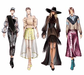 Obraz premium women in trendy clothes walking on fashion show. colourful isolated illustration for beauty blog, magazine or shop