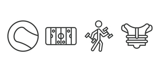 set of sport and games thin line icons. sport and games outline icons included tennis sport ball, hockey arena, excercise, chest guard vector.