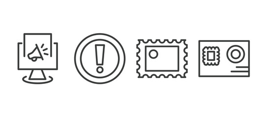 set of social media marketing thin line icons. social media marketing outline icons included digital marketing, importance, post stamp, letter with stamp vector.