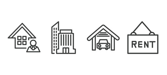 set of real estate industry thin line icons. real estate industry outline icons included agent, office building, garage, rent vector.