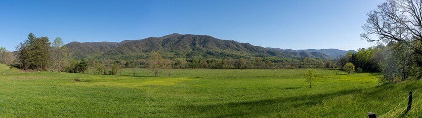 panorama of the mountains at Cades Cove Smokey Mountains