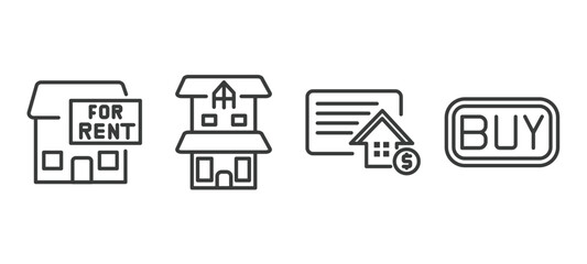 set of real estate industry thin line icons. real estate industry outline icons included for rent, duplex, deposit, buy vector.