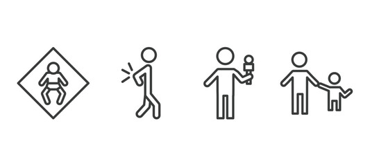 set of people and relation thin line icons. people and relation outline icons included baby zone, spindle, foreign reporter, father and children vector.