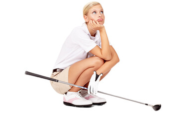 Golf, thinking and bored woman with club for sports activity or kneeling thoughtful. Athlete golfer person waiting, upset or sad about competition fail isolated on a transparent, png background - obrazy, fototapety, plakaty