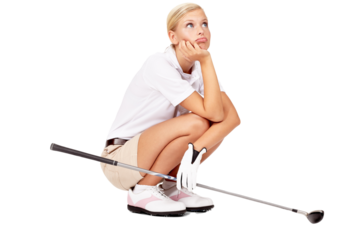 Golf, thinking and bored woman with club for sports activity or kneeling thoughtful. Athlete golfer person waiting, upset or sad about competition fail isolated on a transparent, png background