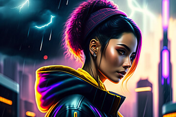 a girl in cyberpunk city 