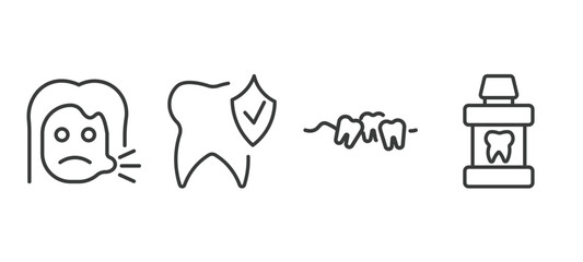 set of dental health thin line icons. dental health outline icons included sick girl, prophylaxis, malocclusion, mouth wash vector.