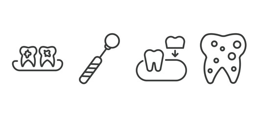 set of dental health thin line icons. dental health outline icons included plaque, mouth mirror, partial denture, inner tooth vector.