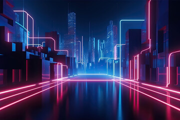 Abstract concept of the urban street at night, red blue neon city, background with geometric shapes and glowing lights, AI Generative
