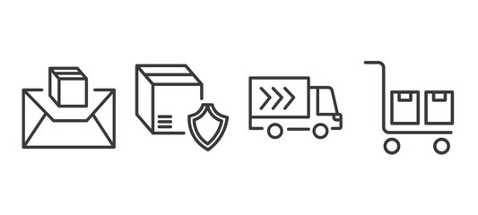 set of delivery and logistics thin line icons. delivery and logistics outline icons included air mail, delivery shield, truck, package on trolley vector.