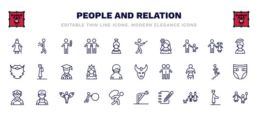 set of people and relation thin line icons. people and relation outline icons such as elder, foreign reporter, fencing attack, chilean, graduated student, devil mask, old man, effort, pencil and