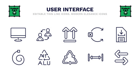 set of user interface thin line icons. user interface outline icons such as exchange personel, up side, no tittling, download data, spiral tool, 41 alu, recycable, gap, opposite directions vector. - obrazy, fototapety, plakaty