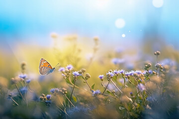 Beautiful blurred nature background with blooming meadow and blue sky on a sunny day. Butterfly and delicate blue flowers, AI Generative