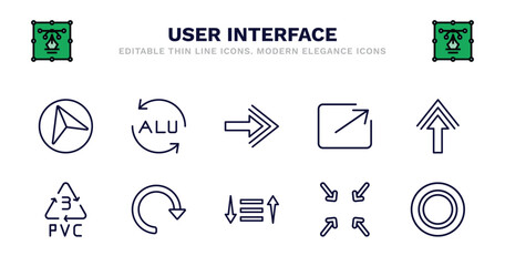 set of user interface thin line icons. user interface outline icons such as alu, arrow pointing right, export arrow, pointing up arrow, 3 pvc, redo sorting, exit full screen arrows, selectioned