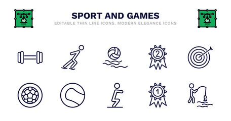 set of sport and games thin line icons. sport and games outline icons such as skating, waterpolo, second prize, bullseye, football ball circular, tennis sport ball, squat, golden medal, fisher