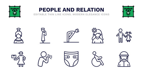 set of people and relation thin line icons. people and relation outline icons such as takbir, ruku, woman with flower, father and daughter, delivery woman, cough, baby diaper, handicapped, bedouin
