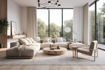 Modern living room, white furniture, floor-to-ceiling window,, minimalist staging, AI Generative
