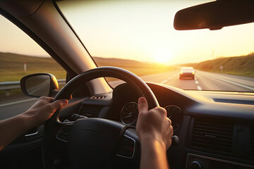 Hands of car driver on steering wheel, road trip, driving on highway road, AI Generative